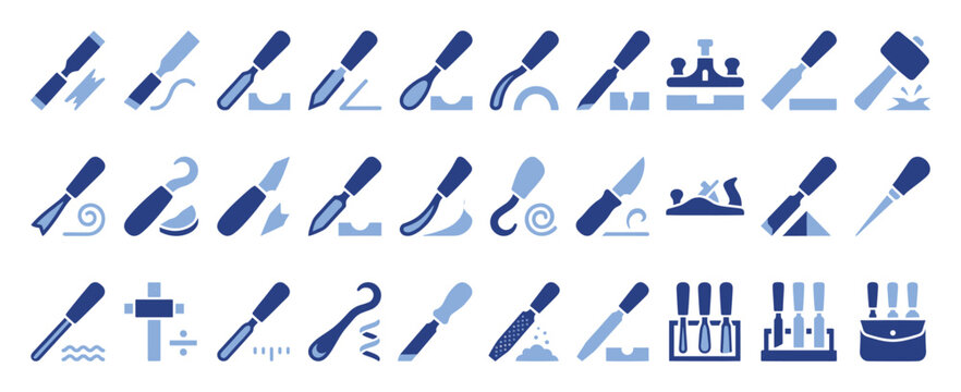 Woodworking and carving tool icons for craft, DIY projects, and workshop equipment graphic use