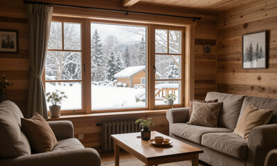 Fototapeta premium warm inviting winter scene showcasing snug cottage living room massive window bathing space soft diffused
