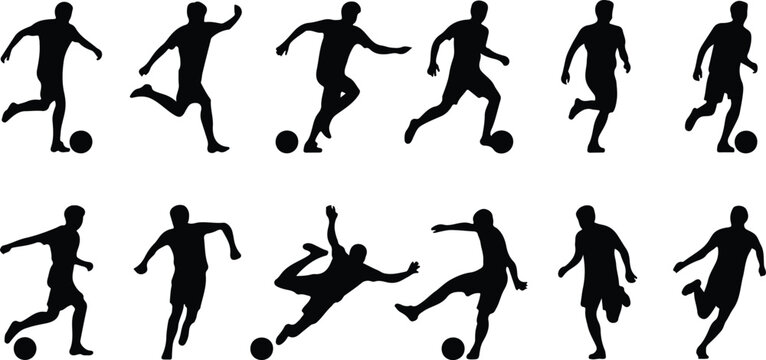 Soccer player silhouette vector set featuring twelve dynamic male athlete poses in running dribbling and kicking action illustration collection