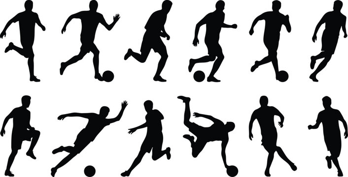 Soccer player silhouette vector set featuring twelve dynamic male athlete poses in running dribbling and kicking action illustration collection
