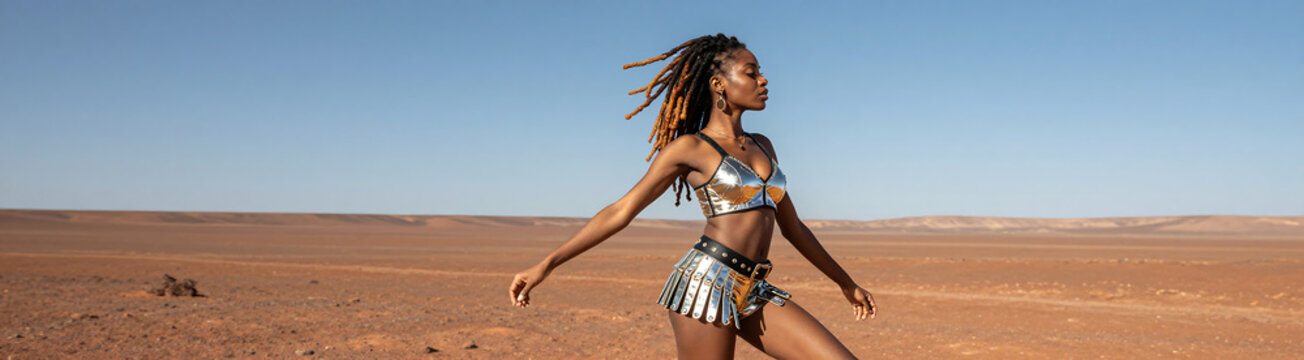 young woman vibrant dreadlocks trendy mirrored costume poses profile dancing barren red terrain