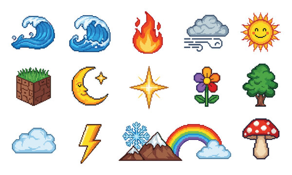 Pixelated game icons featuring natural objects and weather events for mobile application assets