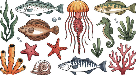 Marine life collection featuring fish jellyfish seahorse starfish coral and seaweed hand drawn vector illustration isolated design © Mousumi