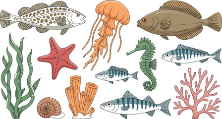 Marine life collection featuring fish jellyfish seahorse starfish coral and seaweed hand drawn vector illustration isolated design © Mousumi