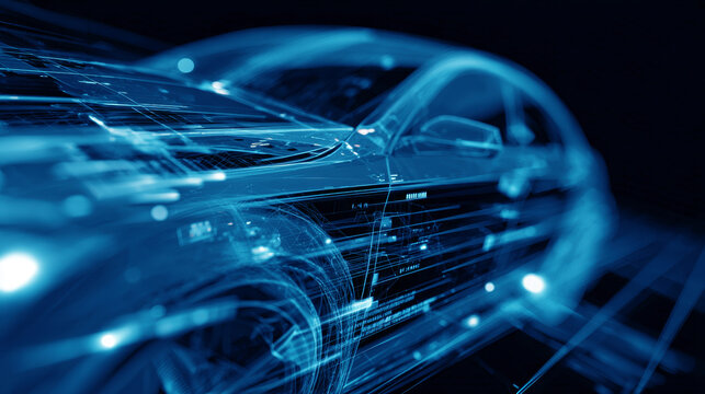 High Tech Abstract Visualization of a Modern Car Side Profile with Blue Digital Light Trails Motion Blur and Holographic Data Overlays Representing Autonomous Driving and Smart Technology
