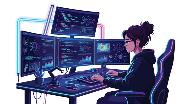 A dedicated female software developer working on multiple computer screens.