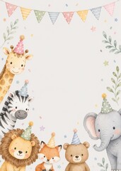 Obraz premium Cute watercolor safari birthday animals frame pastel nursery greeting card illustration
