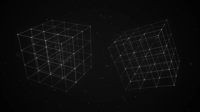 Abstract wireframe cubes on black background. Transparent geometric 3D boxes with glowing nodes float in space. Futuristic technology and data structure concept. Seamless looping video.

