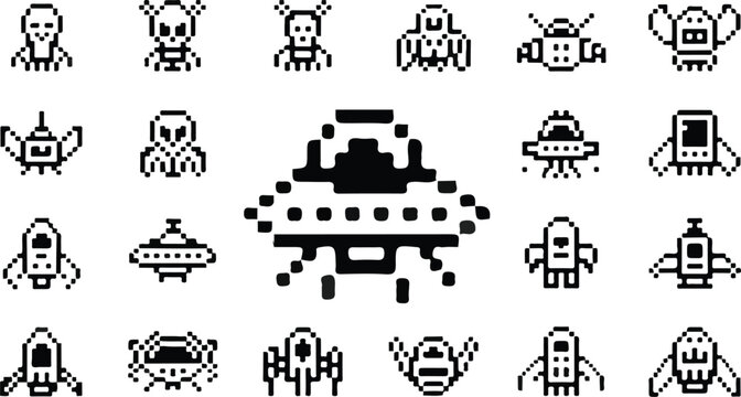 Minimal pixel art illustration set with futuristic UFO, alien characters and retro gaming space icons in classic arcade style