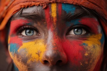 Naklejka premium Intense blue eyes with vibrant cultural face paint