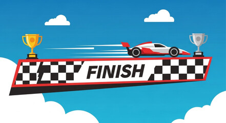 Racing Car Crossing Finish Line with Trophies and Clouds. © Putra