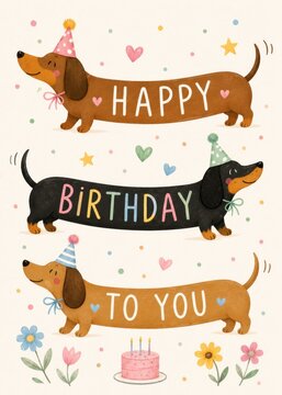 Cute dachshund birthday illustration playful sausage dog greeting card design