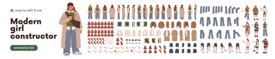 Modern young woman, female character constructor. Animation kit with body parts in poses. Girl in trendy style outfit, face and leg movements set. Flat vector illustration isolated on white background