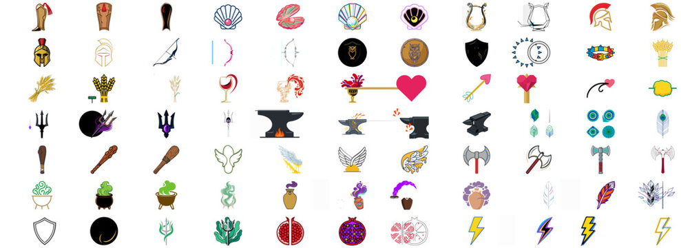 Greek Mythology and Legends Vector Icon Set Collection Bundle featuring Ares Helmet Artemis Bow Apollo Lyre Athena Shield Aphrodite Shell Dionysus Goblet Eros Arrow and Ancient History Symbols