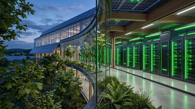 Smart data center green energy sustainable reliability concept. Modern data center architecture integrating nature and sustainability.