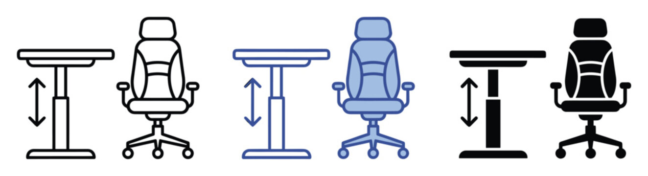 Adjustable desk and ergonomic chair icons for adaptable workplace furniture solutions
