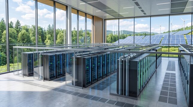 Modern data center showcasing advanced technology and sustainable design.