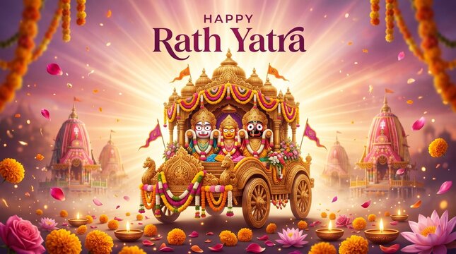 Rath Yatra festival celebration with Jagannath chariot divine devotion floral decoration spiritual greeting background