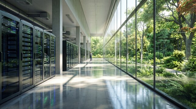 Smart data center green energy sustainable reliability concept. Modern data center with large glass windows showcasing lush greenery outside.