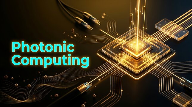 Photonic computing chip with glowing light trails and digital circuit board background