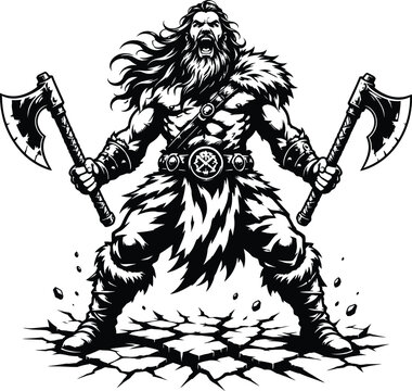 Powerful viking warrior dual axes.