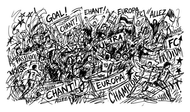 Football fans cheering in stadium crowd with banners and chants hand drawn doodle style