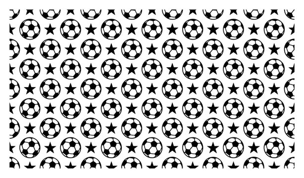Soccer balls and stars seamless pattern background in simple black and white vector design