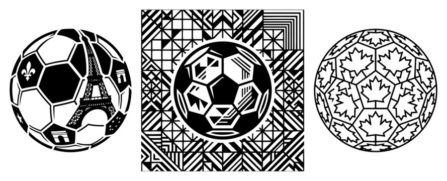 Soccer balls with France landmarks and Canada maple leaf patterns in stylized vector icon style