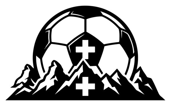 Soccer ball rising behind mountain peaks with crosses emblem silhouette vector