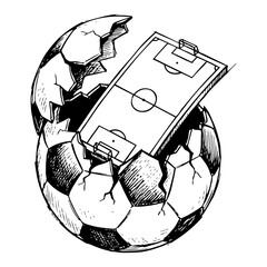 Soccer field emerging from cracked football shell in detailed sketch style © AnjaliDesai
