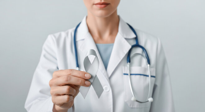 Female doctor in white coat holds a silver awareness ribbon symbolizing neurological diseases, stethoscope around her neck, neutral background