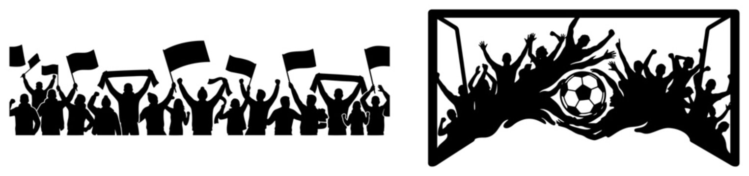 Cheering football fans with flags and crowd silhouettes celebrating behind goal