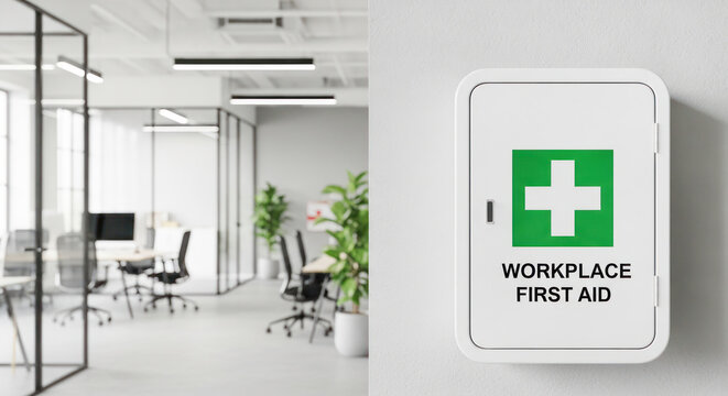 Workplace first aid kit mounted on wall in modern office interior with glass partitions and ergonomic furniture visible in the background