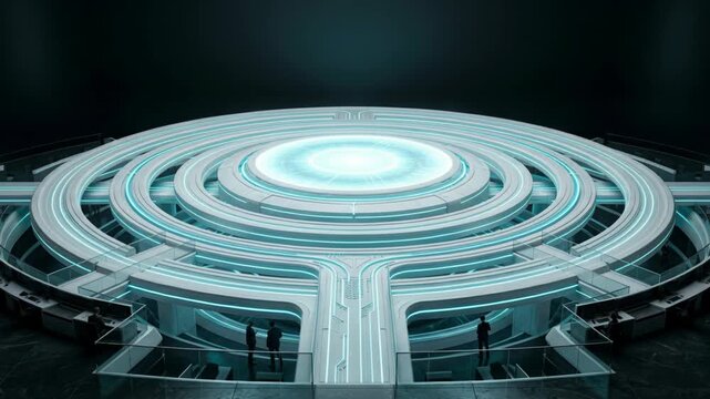 Abstract Data Network Environment with Glowing Circular Interface and Futuristic Control Platform