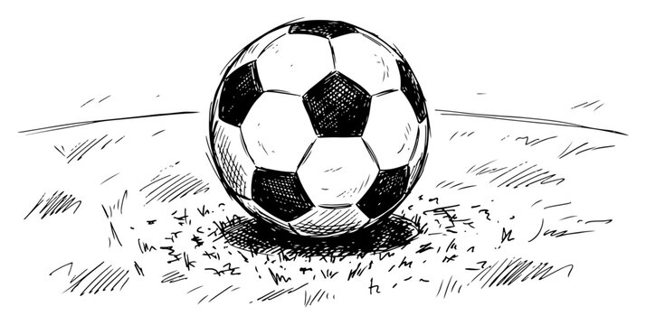 Classic soccer ball resting on grass field detailed hatch sketch drawing