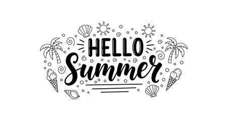 Fototapeta premium Hand drawn greeting hello summer with beach motifs on white