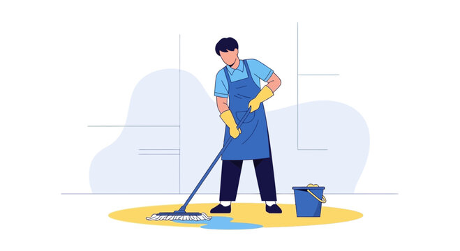 Man mopping floor with bucket. Professional cleaning service illustration.