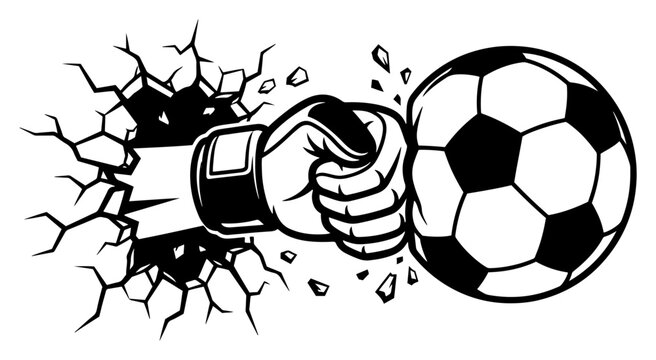 Goalkeeper fist breaking through wall to punch soccer ball action vector illustration