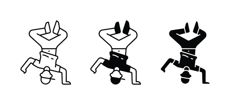Breakdancer Icons, Acrobat Poses, Silhouette and Line Art, Vector Graphics
