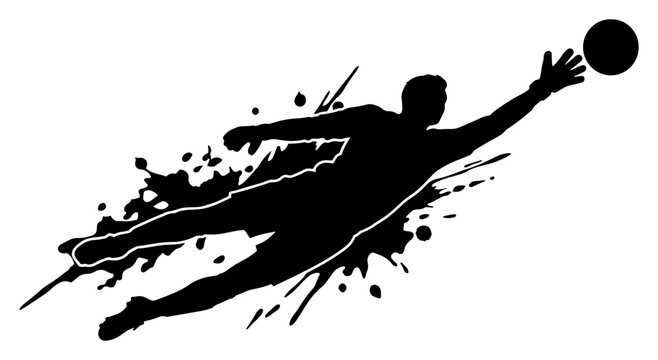 Goalkeeper silhouette diving to save ball with ink splash effect vector art