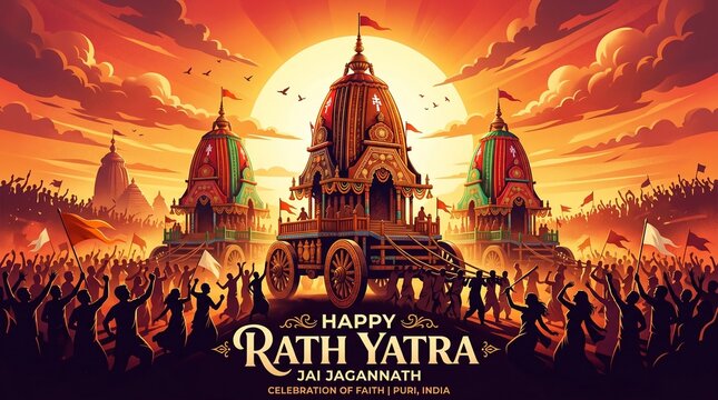 Rath Yatra celebration with sacred chariot procession glowing sunset spiritual festival artwork for devotional greeting