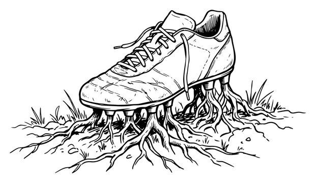 Soccer cleat with studs growing into roots signifying strong football foundation in hand drawn sketch style
