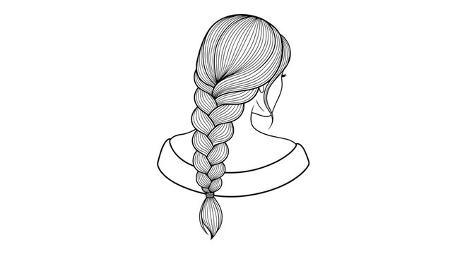 Detailed line art drawing of a woman with long wavy hair styled in a thick classic French braid as seen from a back perspective.