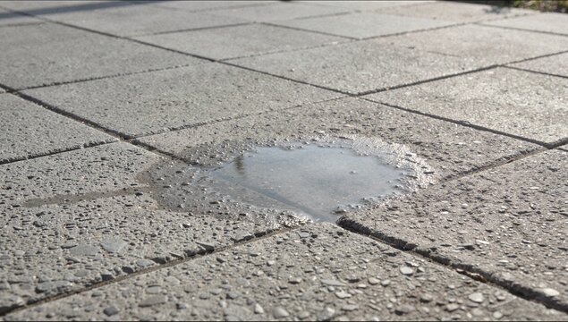 Small water puddle on gray concrete stone pavement outdoor reflecting sunlight for urban texture background and rainy weather concept