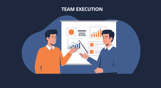 Business meeting, team discussing project progress, presentation board with charts