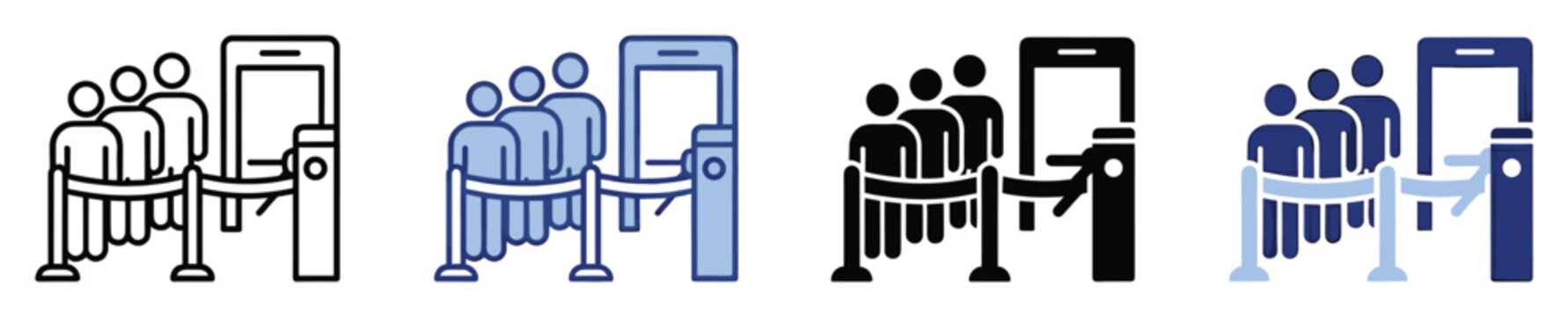 People queueing at an entry point with turnstile and scanner, depicting crowd management visuals