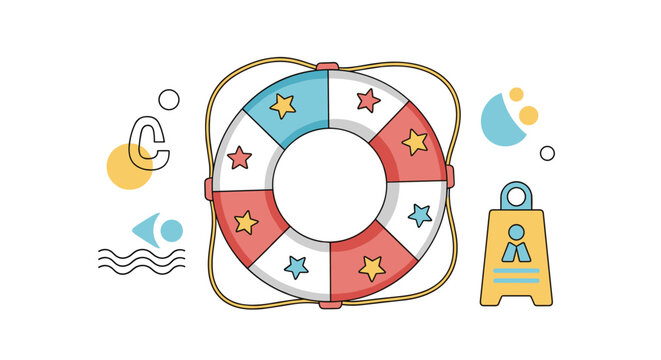 Summer safety lifebuoy with colorful stars and various swimming icons for pool, beach, and water protection and rescue concepts.