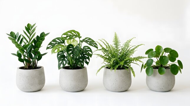 Four trendy houseplants in matching concrete pots on white background