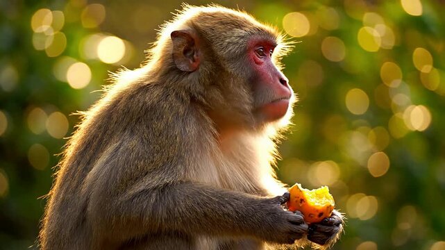 A monkey eating an orange fruit in a natural outdoor green environment.