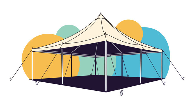 Spacious white event marquee tent for outdoor weddings, parties, and festivals set against a colorful abstract background design.